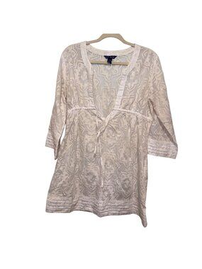 Blue Island Womens Sheer Tunic Top Size M Beige/White 3/4 Sleeve Cover-Up